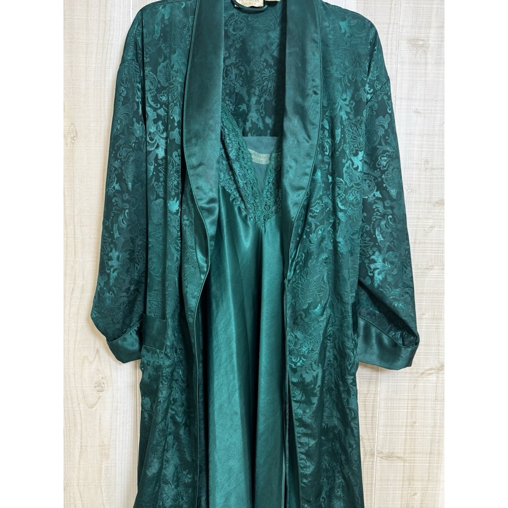 90's VTG Victorias Secret Gold Label Emerald Green Satin Robe Nightgown Lace PS